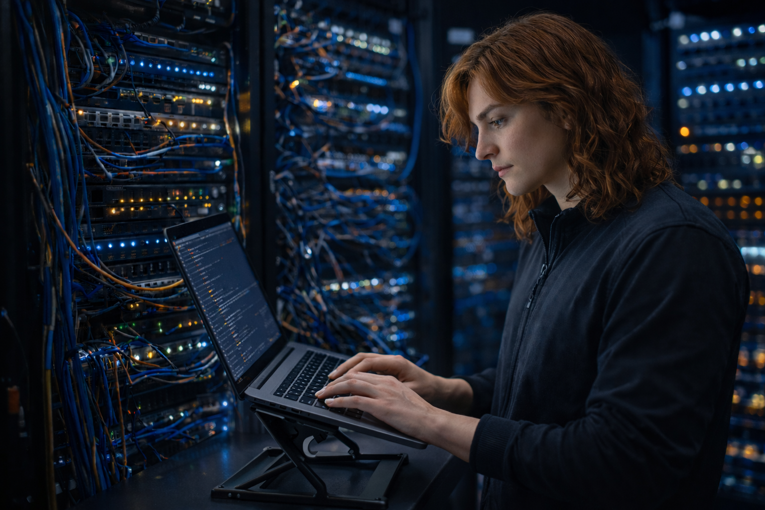 Techniker arbeitet an Serverrack und Netzwerkinfrastruktur