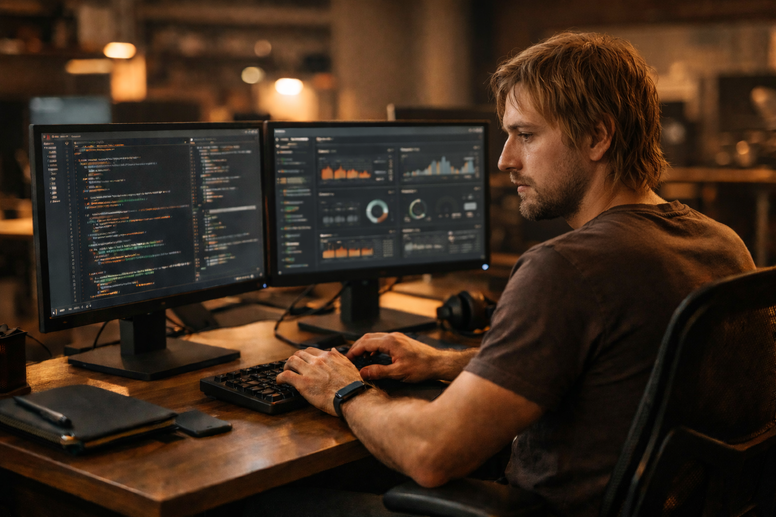 Büroarbeitsplatz mit zwei Bildschirmen, Tastatur und typischem Office-Setup als Bild für professionellen IT Support